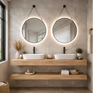 Mueble de baño encimera 2 lavabos 140 + espejos led Mauricio natural